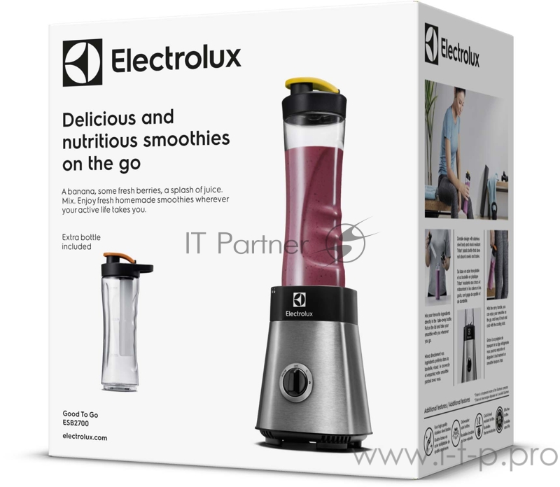 Блендер Electrolux ESB2700, настольный, мощность 330 Вт, съемный нож из нерж. стали с 4мя лезвиями, колбы из Tritan 0,6 л. с крышками - 2 шт, цвет нержавеющая сталь/черный