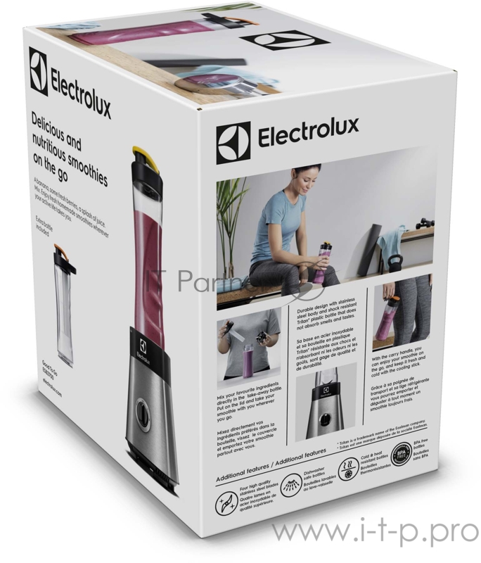 Блендер Electrolux ESB2700, настольный, мощность 330 Вт, съемный нож из нерж. стали с 4мя лезвиями, колбы из Tritan 0,6 л. с крышками - 2 шт, цвет нержавеющая сталь/черный
