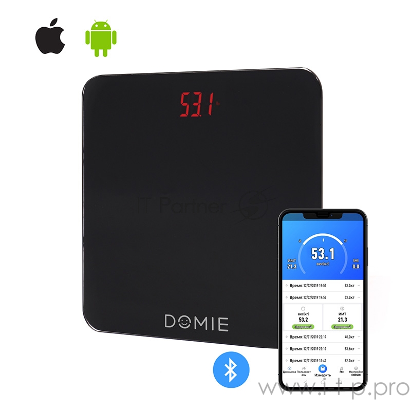 Весы электронные Domie с функцией Bluetooth подключения, до 180 кг, с цифровым дисплеем