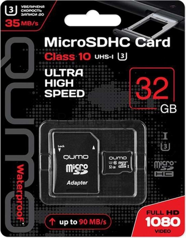 Карта памяти QUMO MicroSDHC 32GB Сlass 10 UHS-I U3 ,3.0 с адаптером SD, черно-красная картонная упаковка (QM32GMICSDHC10U3)