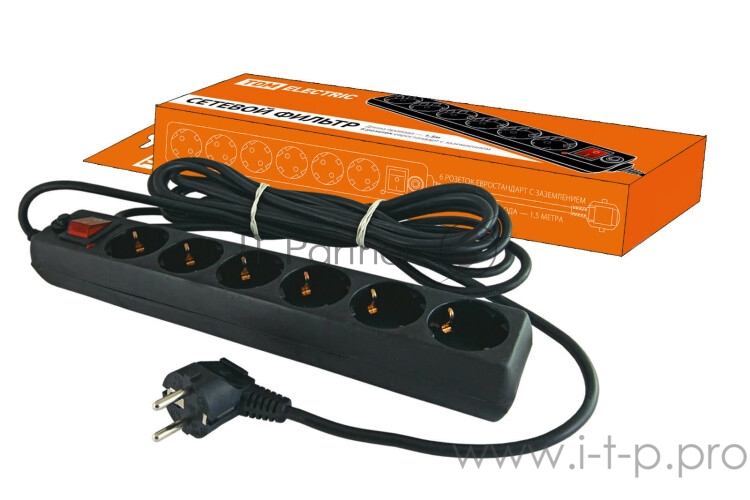 Сетевой фильтр СФ-06В выключатель, 6 гнезд 1,5метра, с заземлением, ПВС 3х1мм2 16А/250В | SQ1304-0011 | TDM