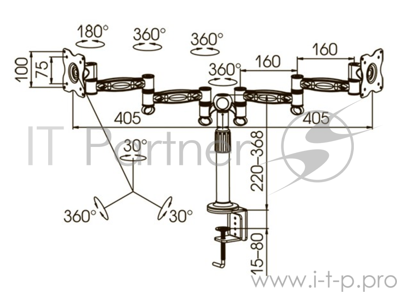 Кронштейн Kromax OFFICE-3 черный для 2-х мониторов LCD 15-32, настольный, VESA 75x75/100x100, высота 222-382мм, наклон ±15°, поворот 360°, нагрузка до 12 кг