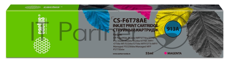 Картридж струйный Cactus CS-F6T78AE 913A пурпурный (55мл) для HP PW 352dw/377dw/Pro 477dw/452dw