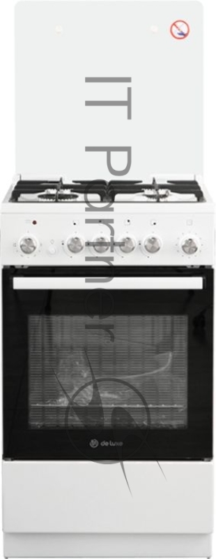 Комбинированная плита De Luxe 5040.41гэ(кр)чр белый / 4 газ. горелки, газ-контроль рабочего стола, чугунные решетки, интегрированный электророзжиг, электродуховка с терморегулятором, мех. таймер, гриль, вертел с электр. приводом, подсветка, шнур пита
