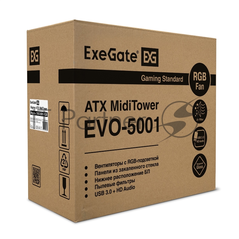 Корпус Miditower ExeGate EX289018RUS EVO-5001 (ATX, без БП, 2*USB+1*USB3.0, HD аудио, черный, 3 вент.12см с RGB подсветкой, пылевые фильтры, боковая панель - закаленное стекло)