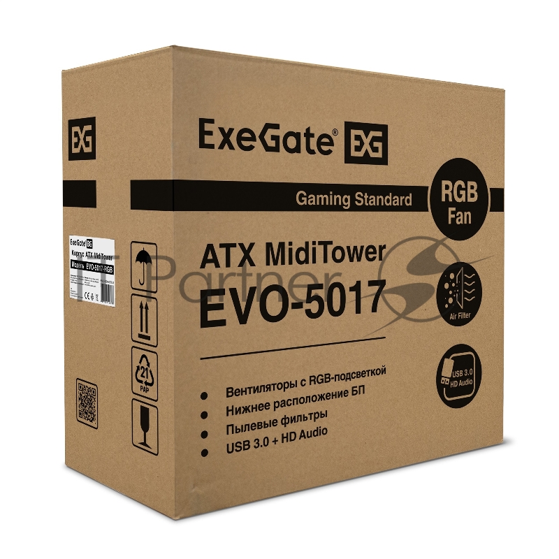 Корпус Miditower ExeGate EX289007RUS EVO-5017 (ATX, без БП, 1*USB+1*USB3.0, HD аудио, черный, 2 вент. 12см с RGB подсветкой)