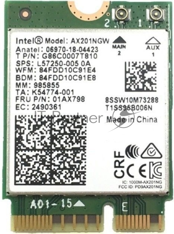 Плата сетевого контроллера Intel Wi-Fi 6 AX201, 2230, 2x2 AX+BT, vPro, 999TCZ