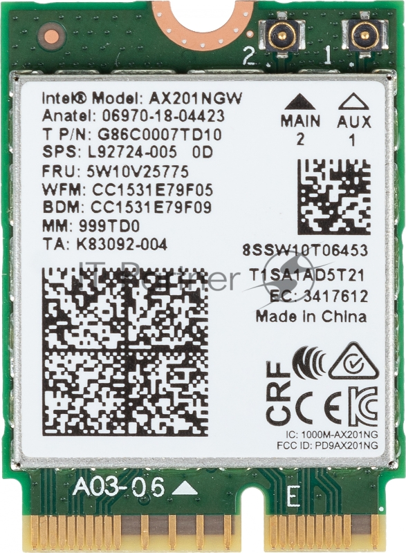 Плата сетевого контроллера Intel® Wi-Fi 6 AX201, 2230, 2x2 AX+BT, No vPro®,999TD0