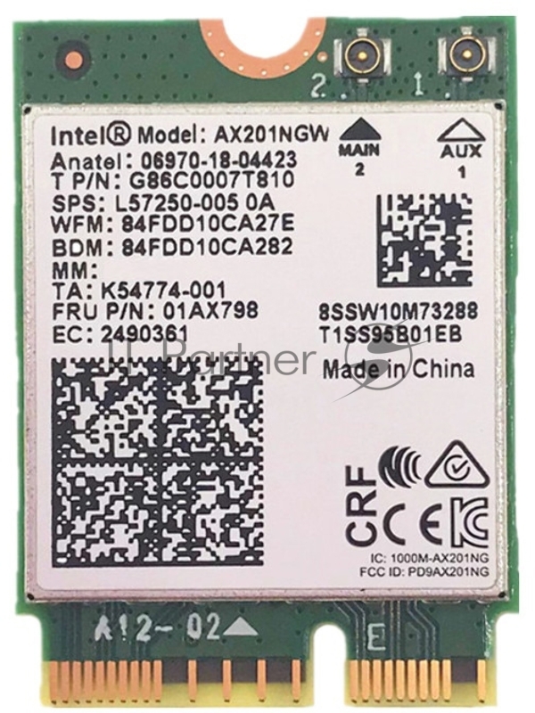 Плата сетевого контроллера Intel® Wi-Fi 6 AX201, 2230, 2x2 AX+BT, No vPro®,999TD0