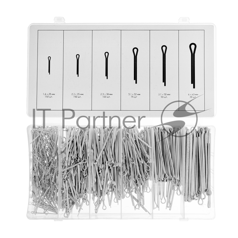 СИБРТЕХ Набор шплинтов, S головки х L: 1,6x25, 2,3x25, 2,3x38, 3,1x32, 3,1x50, 4x63 мм, 555 предм.// СИБРТЕХ 47604