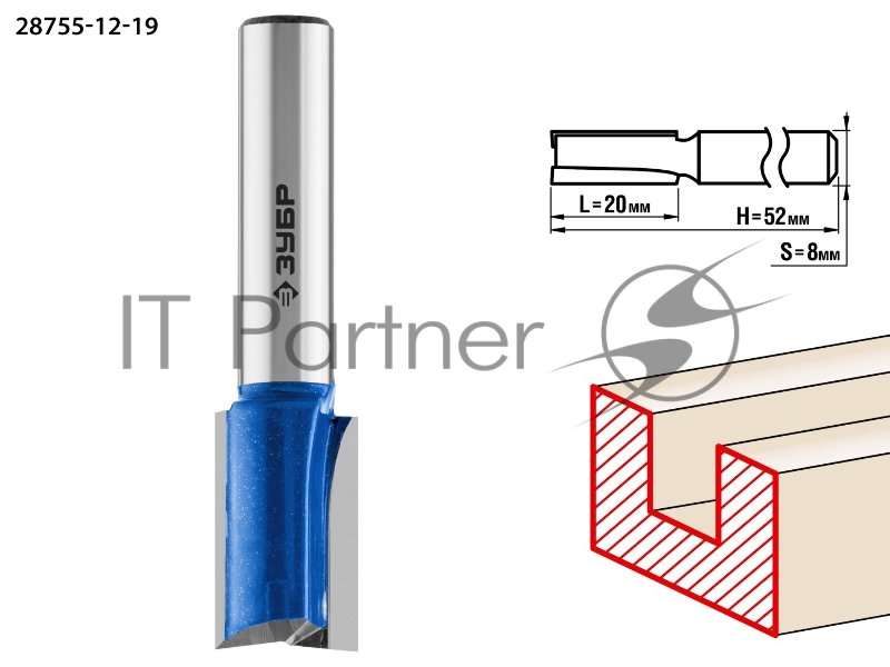 Фреза ЗУБР 28755-12-19 пазовая прямая с нижними подрезателями d= 12мм дл.-20мм хв.-8мм