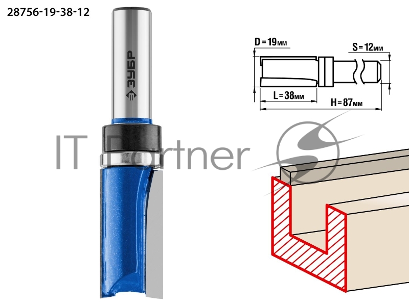 Фреза ЗУБР 28756-19-38-12 пазовая прямая с верхним подшипником d= 19мм дл.-38мм хв.-12мм d-19мм