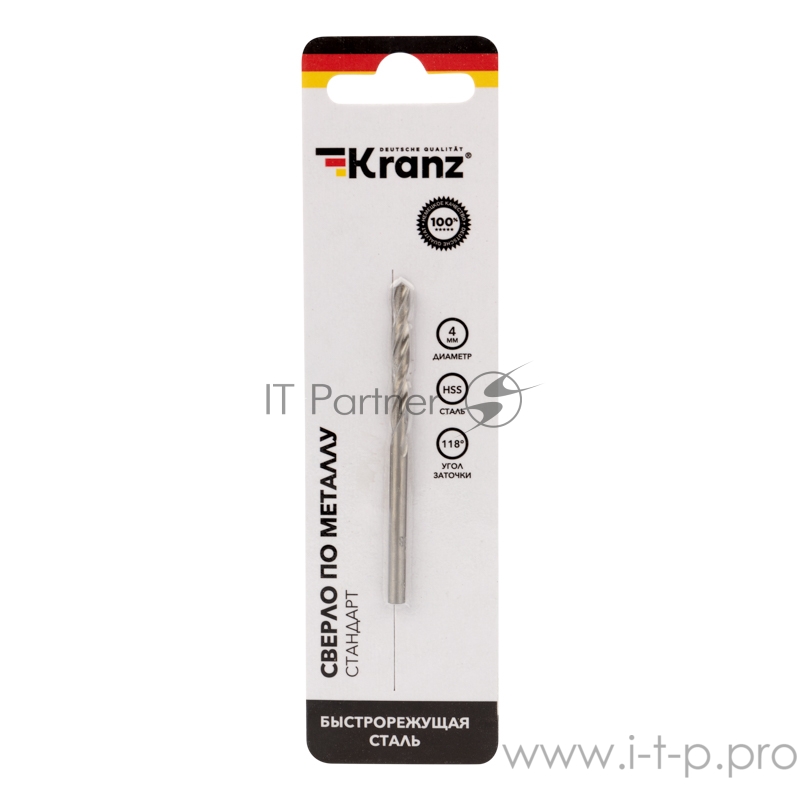Сверло по металлу 4,0 мм HSS (1 шт. в упаковке) DIN 338 Kranz