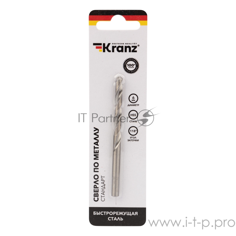 Сверло по металлу 6,0 мм HSS (1 шт. в упаковке) DIN 338 Kranz