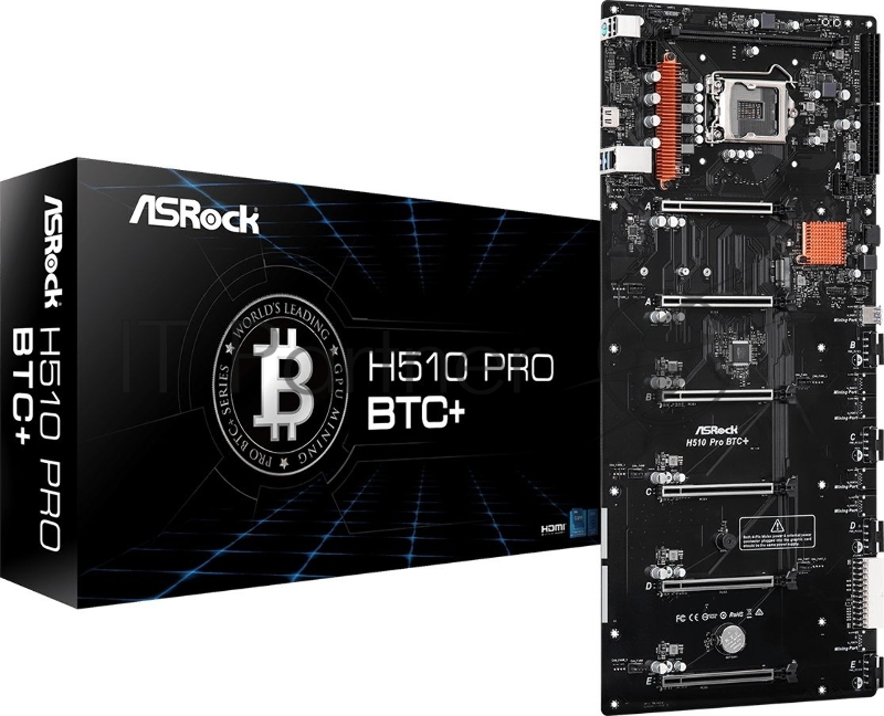 Материнская плата ASRock H510 PRO BTC+, Socket 1200, Intel®H510, 2xDDR4-3200, HDMI, 6xPCI-Ex16, 1xMining Port, 1xSATA3, 1xM.2, GLan, (2+2)xUSB2.0, (2+0)xUSB3.0, 1xPS/2, SATX (50.1cm x 22.4cm), RTL