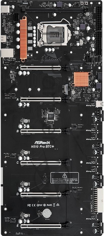 Материнская плата ASRock H510 PRO BTC+, Socket 1200, Intel®H510, 2xDDR4-3200, HDMI, 6xPCI-Ex16, 1xMining Port, 1xSATA3, 1xM.2, GLan, (2+2)xUSB2.0, (2+0)xUSB3.0, 1xPS/2, SATX (50.1cm x 22.4cm), RTL