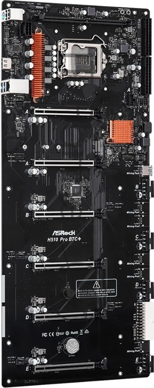 Материнская плата ASRock H510 PRO BTC+, Socket 1200, Intel®H510, 2xDDR4-3200, HDMI, 6xPCI-Ex16, 1xMining Port, 1xSATA3, 1xM.2, GLan, (2+2)xUSB2.0, (2+0)xUSB3.0, 1xPS/2, SATX (50.1cm x 22.4cm), RTL