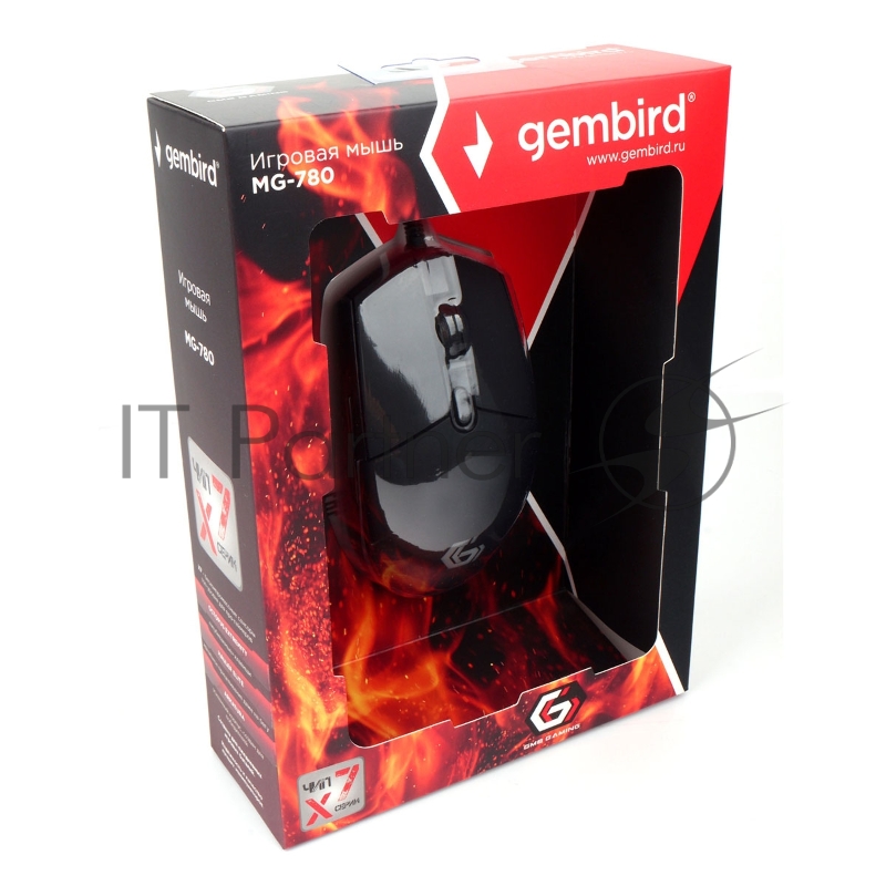 Мышь игровая Gembird MG-780, USB, 2400DPI, 5кнопок+колесо-кнопка, кабель тканевый 1.5 м