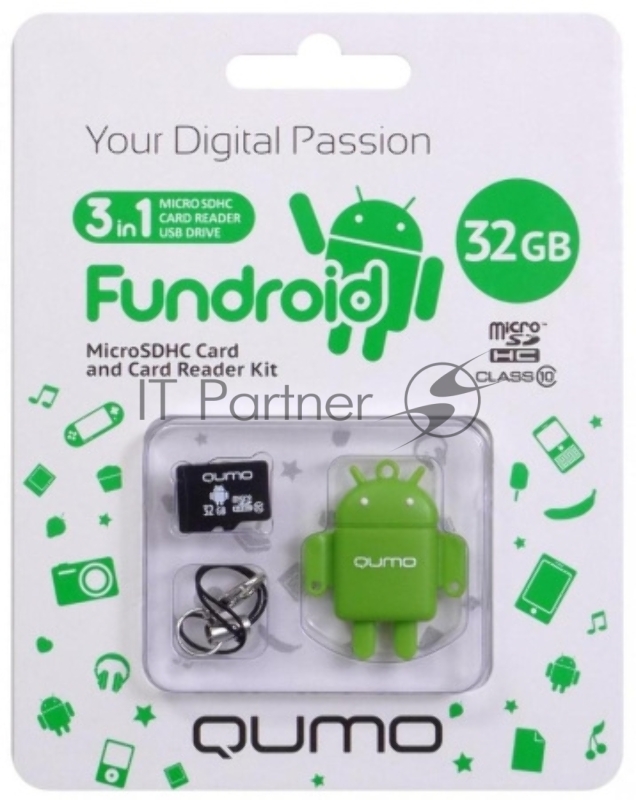 Комплект QUMO для мобильных устройств MicroSD 32GB CL 10 + USB картридер FUNDROID оранжевый