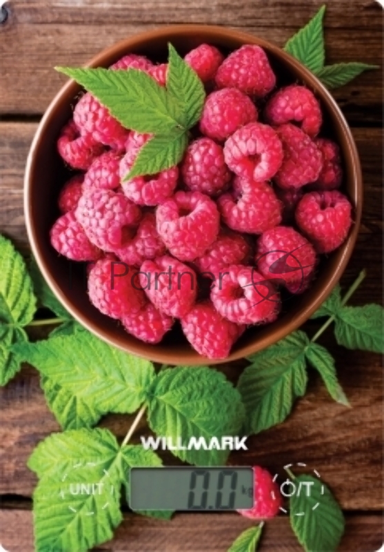 Весы кухонные Willmark WKS-318B (макс 5кг, вычет веса тары, индик. перегруз, закал. стекло) (Ягода)