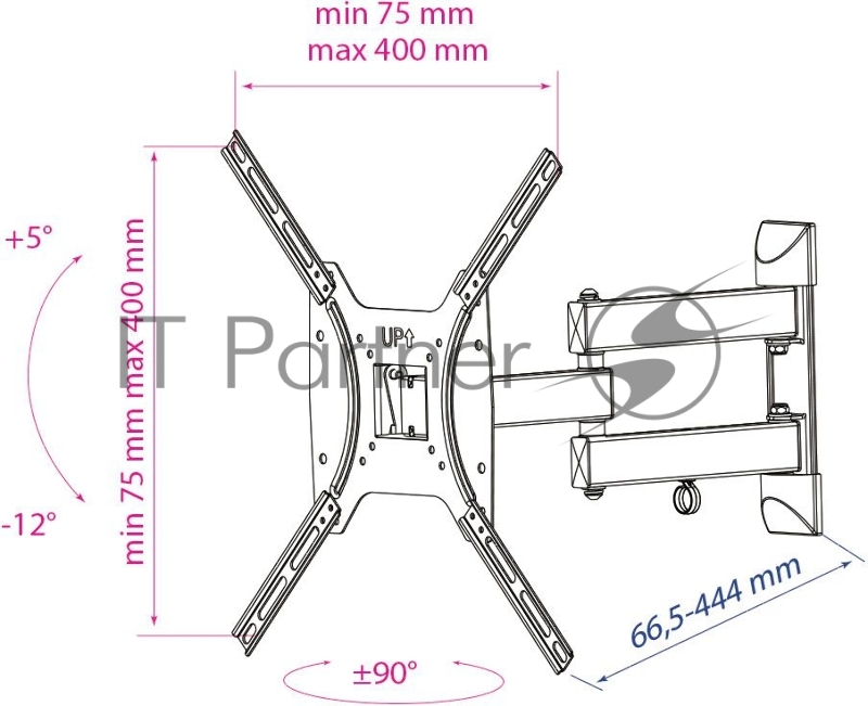 Кронштейн Kromax Optima-404 черный 15-55 настенный от стены 66.5-444мм наклон +5°/-12° VESA 400х40