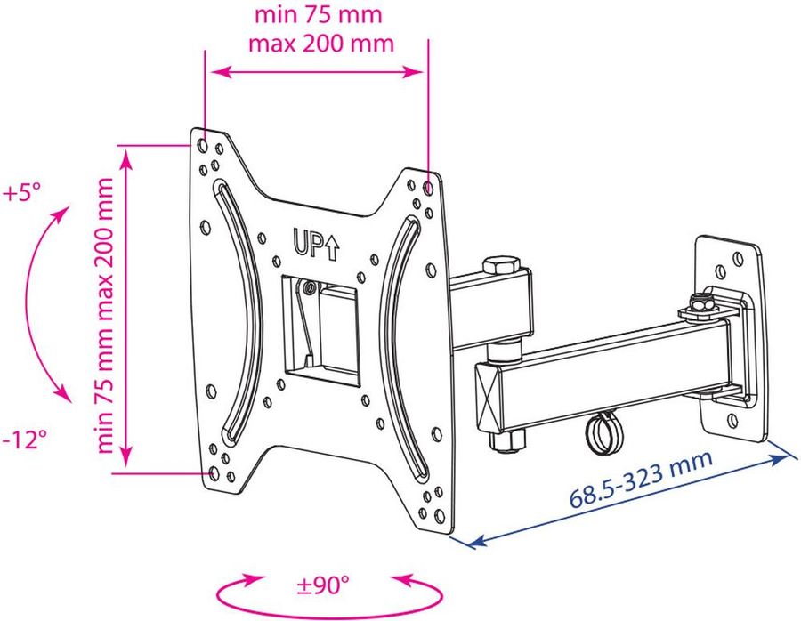 Кронштейн Kromax Optima-204 черный 15-42 настенный от стены 68.5-322мм наклон +5°/-12° VESA 200х20