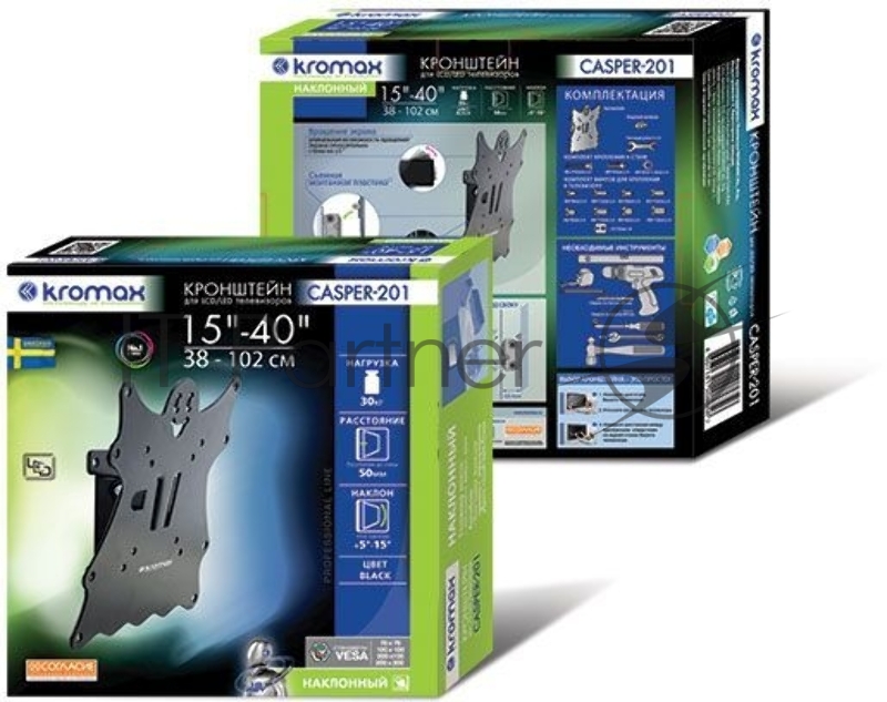 Кронштейн Kromax CASPER-201 black, для LED/LCD TV 15-40, max 30 кг, 1 ст свободы, наклон +5°-15°,