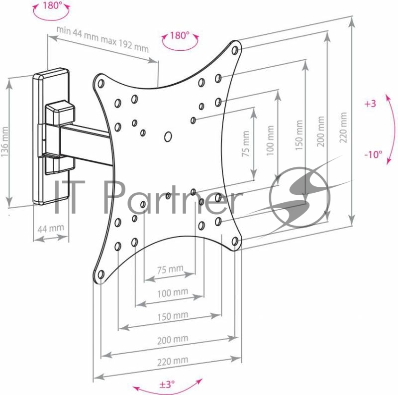 Кронштейн Arm media MARS-3 Черный 22-43 наклонно-поворотный от стены 44-192мм VESA 200х200мм до 20