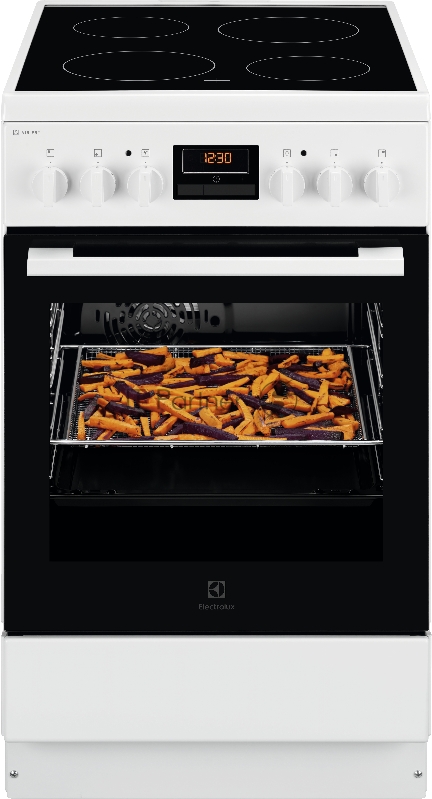 Электрическая плита со стеклокерамикой ELECTROLUX RKR540200W, 50см шириной, белого цвета, мультифункциональная электрическая духовка, электрический гриль, электронное управление с отключением духовки, 6 режимов, полезный объём 56 л., хромированные на