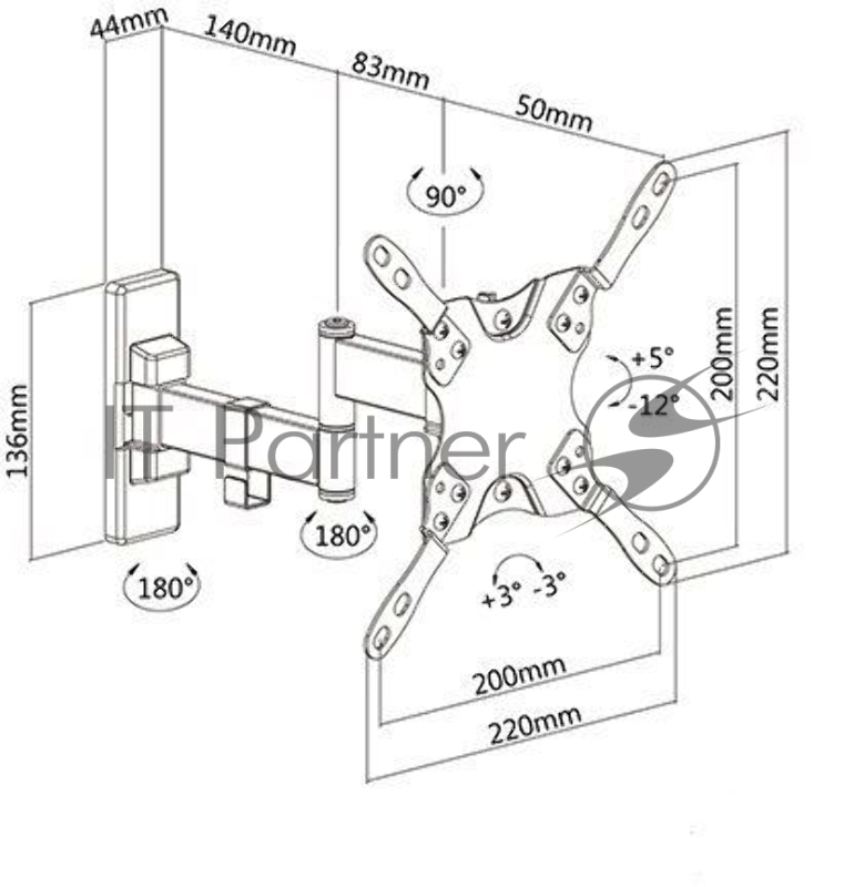 Кронштейн Ultramounts UM866B {Для использования с телевизорами диагональю 13-42, весом до 20кг. Возможен наклон до 12 градусов и подъем до 5 градусов Поворот влево и вправо на 45 градусов .