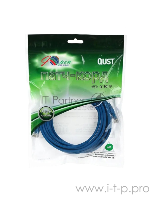 Патчкорд литой Aopen/Qust UTP кат.5е 5м синий (ANP511_5M_B)