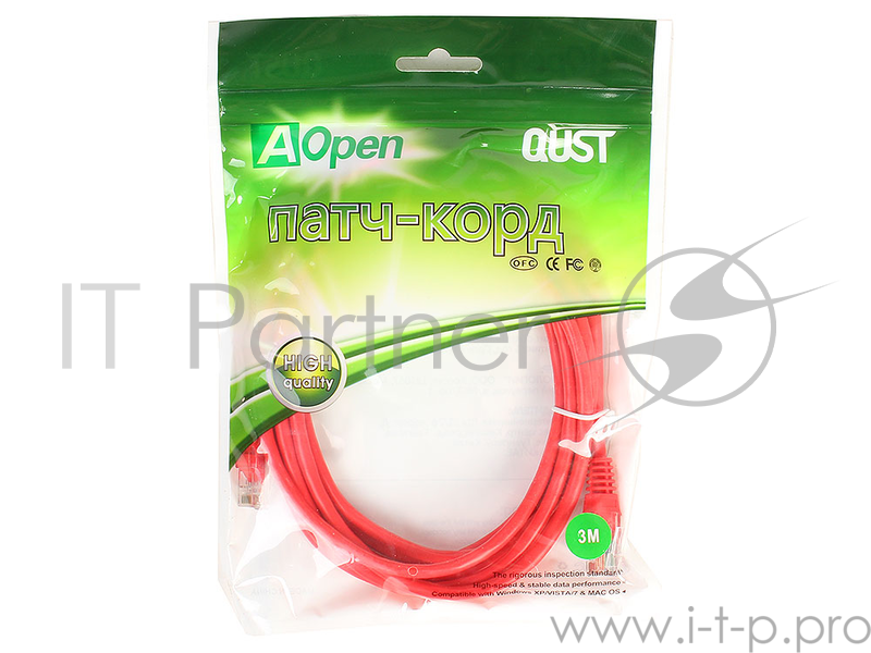 Патчкорд литой Aopen/Qust UTP кат.5е 3м красный (ANP511_3M_R)