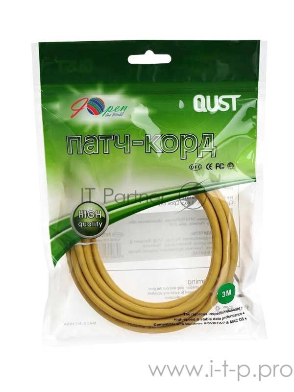 Патчкорд литой Aopen/Qust UTP кат.5е 3м желтый (ANP511_3M_Y)