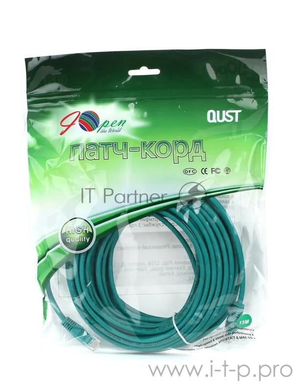 Патчкорд литой Aopen/Qust UTP кат.5е 15м зеленый (ANP511_15M_G)