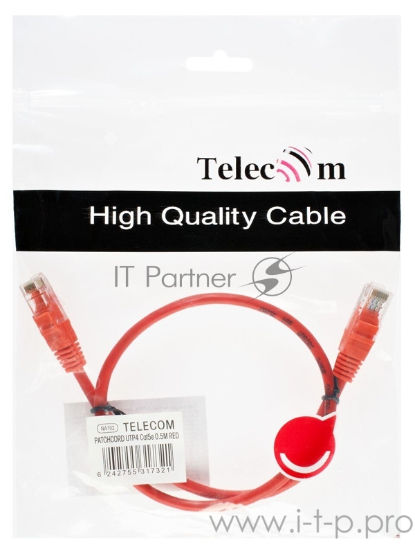 Патчкорд литой Telecom UTP кат.5е 0,5м красный
