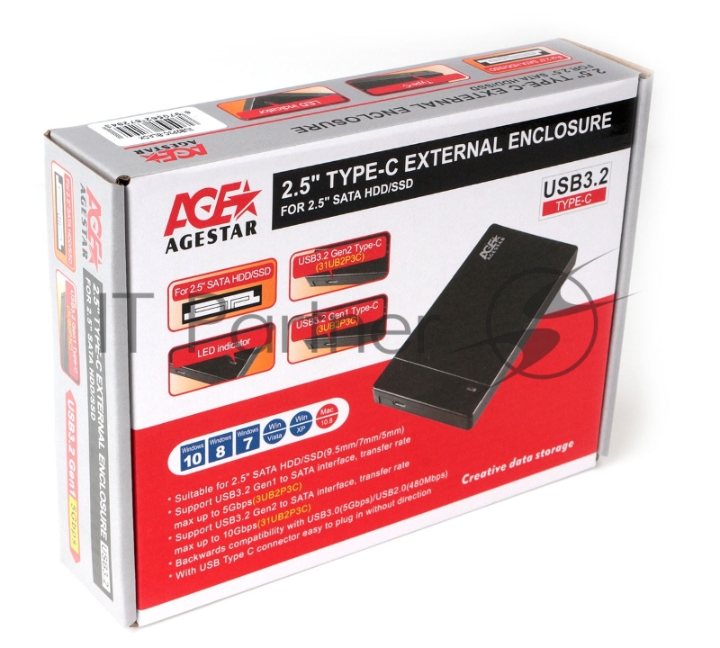 Внешний корпус USB 3.1 AgeStar 3UB2P3C (BLACK), безвинтовой, черный