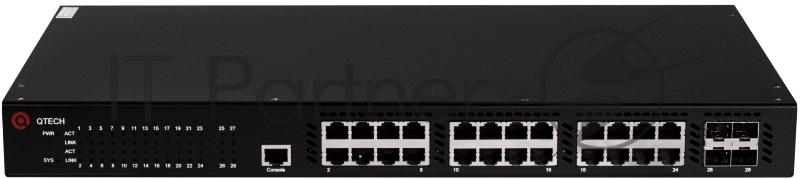 Управляемый коммутатор уровня L2+ с поддержкой PoE 802.3af/at, 24 порта 10/100/1000BASE-T PoE, 4 порта 10GbE SFP+, 4K VLAN, 16K MAC адресов, консольный порт, встроенный БП разъем питания на задней панели, 100-240В AC, размеры ШхГхВ (435x240x44 мм)