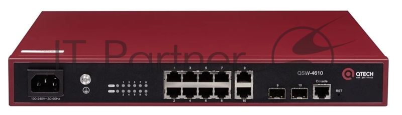 Управляемый коммутатор уровня L2+, 8 портов 10/100/1000BASE-T, 2 порта 100/1000BASE-X SFP, 4K VLAN, 8K MAC адресов, консольный порт, встроенный БП разъем питания на передней панели, 100-240В AC, размеры ШхГхВ (335x220x44 мм)