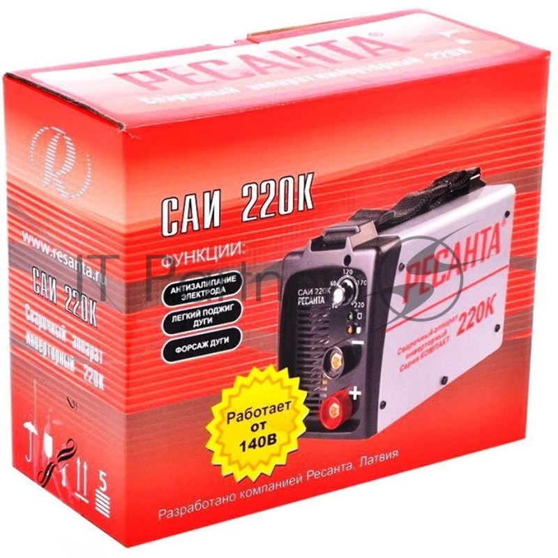 Сварочный аппарат компакт Ресанта САИ 220К 65/37 {154В-242В, макс.6,6кВт, 10А-220А, ПВ 70%, напр. холостого хода 80В, напр. 28В, макс. диаметр электрода 5мм, 4кг}