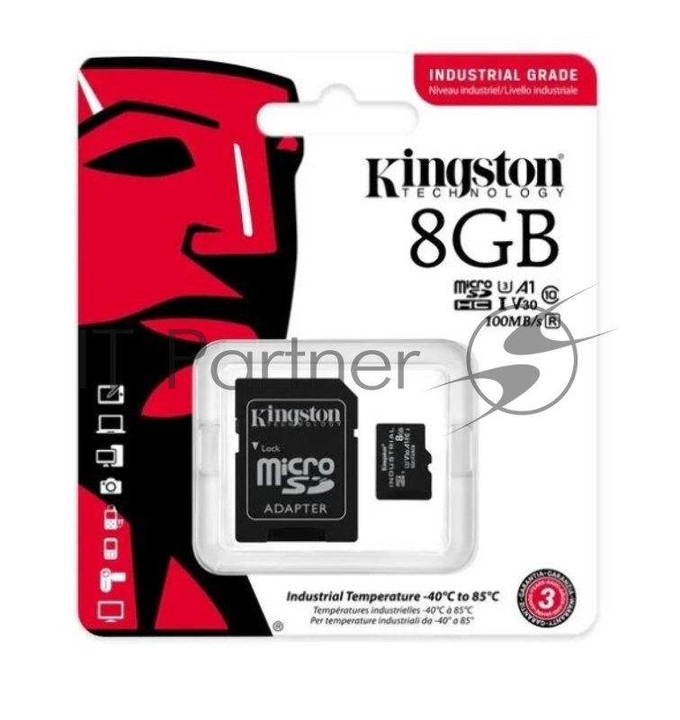 Карта памяти Kingston 8GB microSDHC Industrial C10 A1 pSLC Card + SD Adapter
