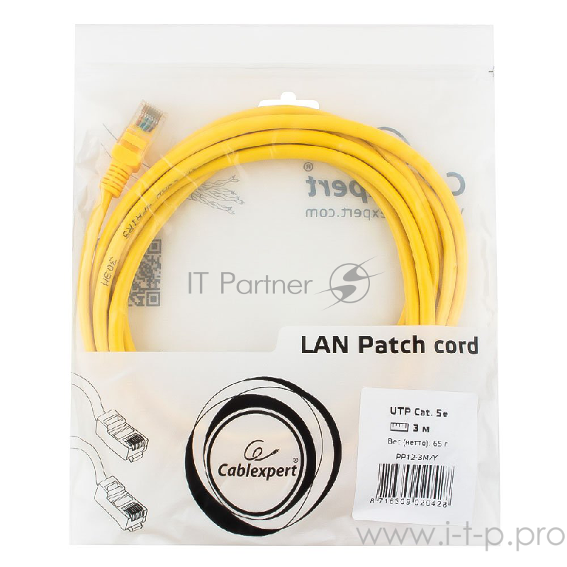 Патч-корд UTP Gembird 5e, 3м, литой, многожильный (желтый)