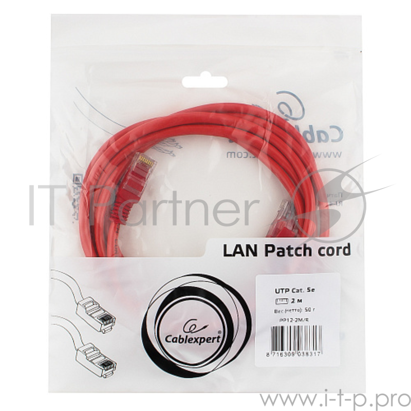 Патч-корд UTP Gembird 5e, 2м, литой, многожил. (красный)