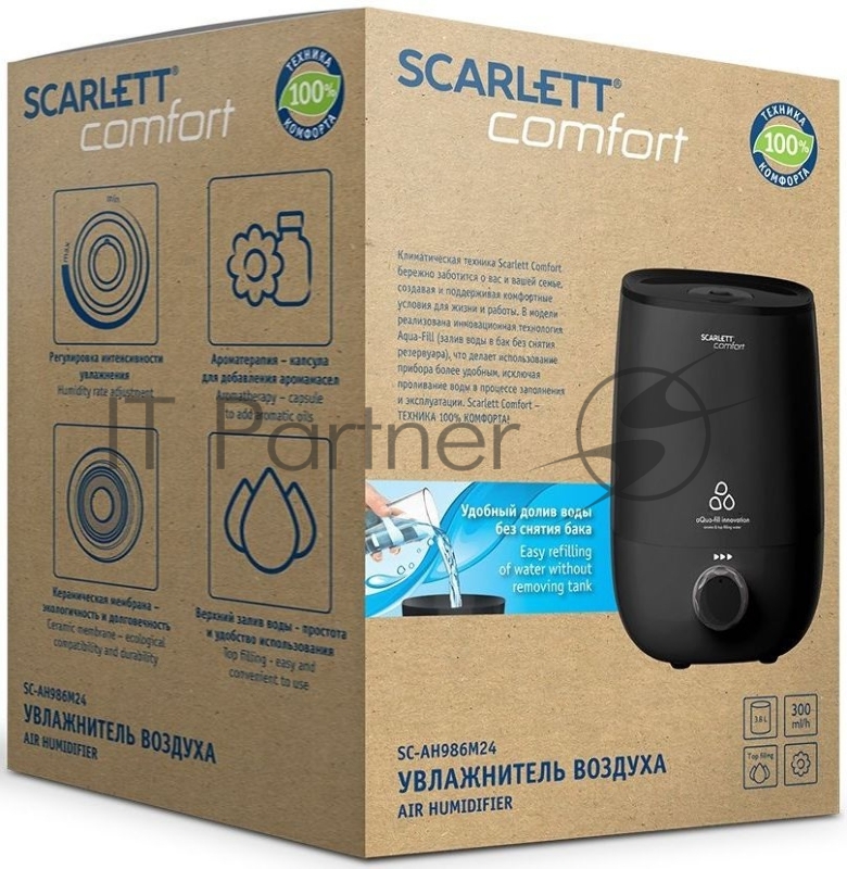 Увлажнитель воздуха Scarlett SC-AH986M24 (черный)Тип: Ультразвуковой Объем, л: 3.8 Управление: Механическое Площадь помещения, м²: 30 Расход воды максимальный, мл/ч: 300 Время работы при полном баке (при среднем расходе 150 мл/ч), ч: 25 Регулировка и