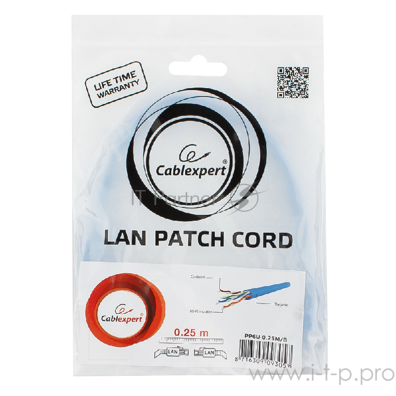 Патч-корд UTP Cablexpert PP6U-0.25M/B кат.6, 0.25м, литой, многожильный (синий)
