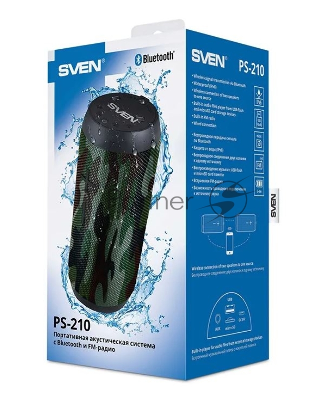 Мобильные колонки SVEN PS-210 2.0 камуфляж (2x6W, Waterproof (IPx6), TWS, Bluetooth, FM, USB, microSD, 1500 мАч)