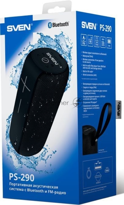Мобильные колонки SVEN PS-290 2.0 чёрные (2x5W, Waterproof (IPx6), TWS, Bluetooth, FM, USB, microSD, 3000 мАч)