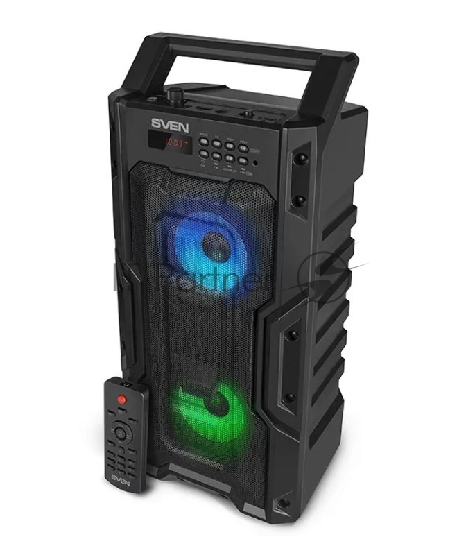 Мобильные колонки SVEN PS-435 2.0 чёрные (2 x 10W, TWS, Bluetooth, FM, USB, microSD, LED-дисплей, ПДУ, 2 x 2000 мАч)