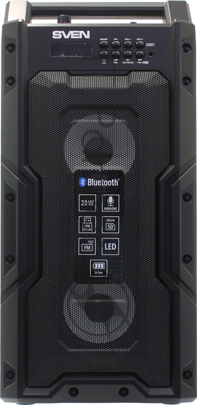 Мобильные колонки SVEN PS-435 2.0 чёрные (2 x 10W, TWS, Bluetooth, FM, USB, microSD, LED-дисплей, ПДУ, 2 x 2000 мАч)