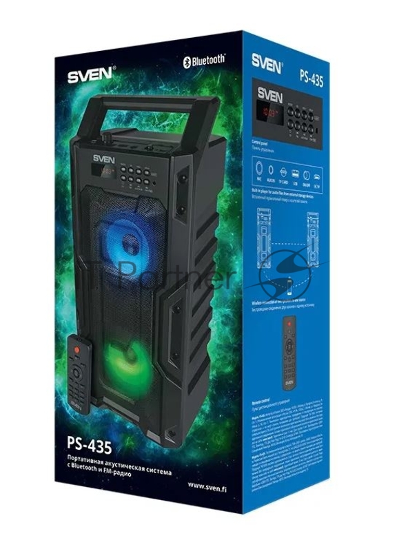 Мобильные колонки SVEN PS-435 2.0 чёрные (2 x 10W, TWS, Bluetooth, FM, USB, microSD, LED-дисплей, ПДУ, 2 x 2000 мАч)