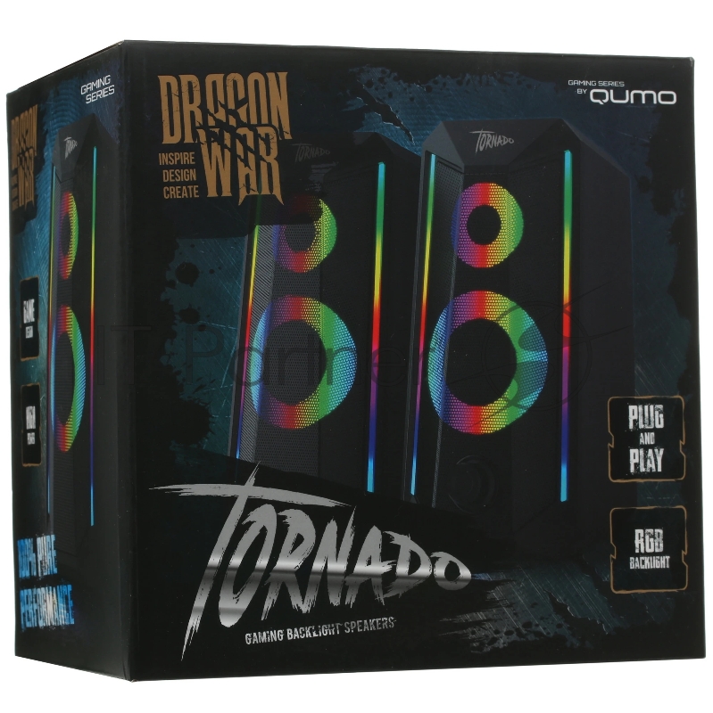 Колонки 2.0 Qumo Tornado AS008, 15 ВТ, объемное звучание, управляемая многорежимная RGB подсветка, USB+Jack 3,5мм